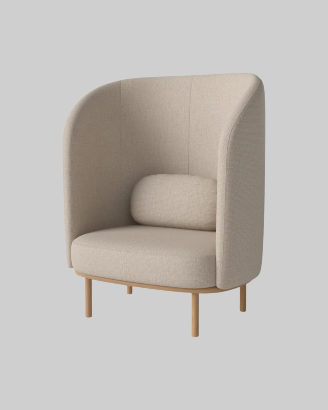 Beige armchair with wooden legs on a white background