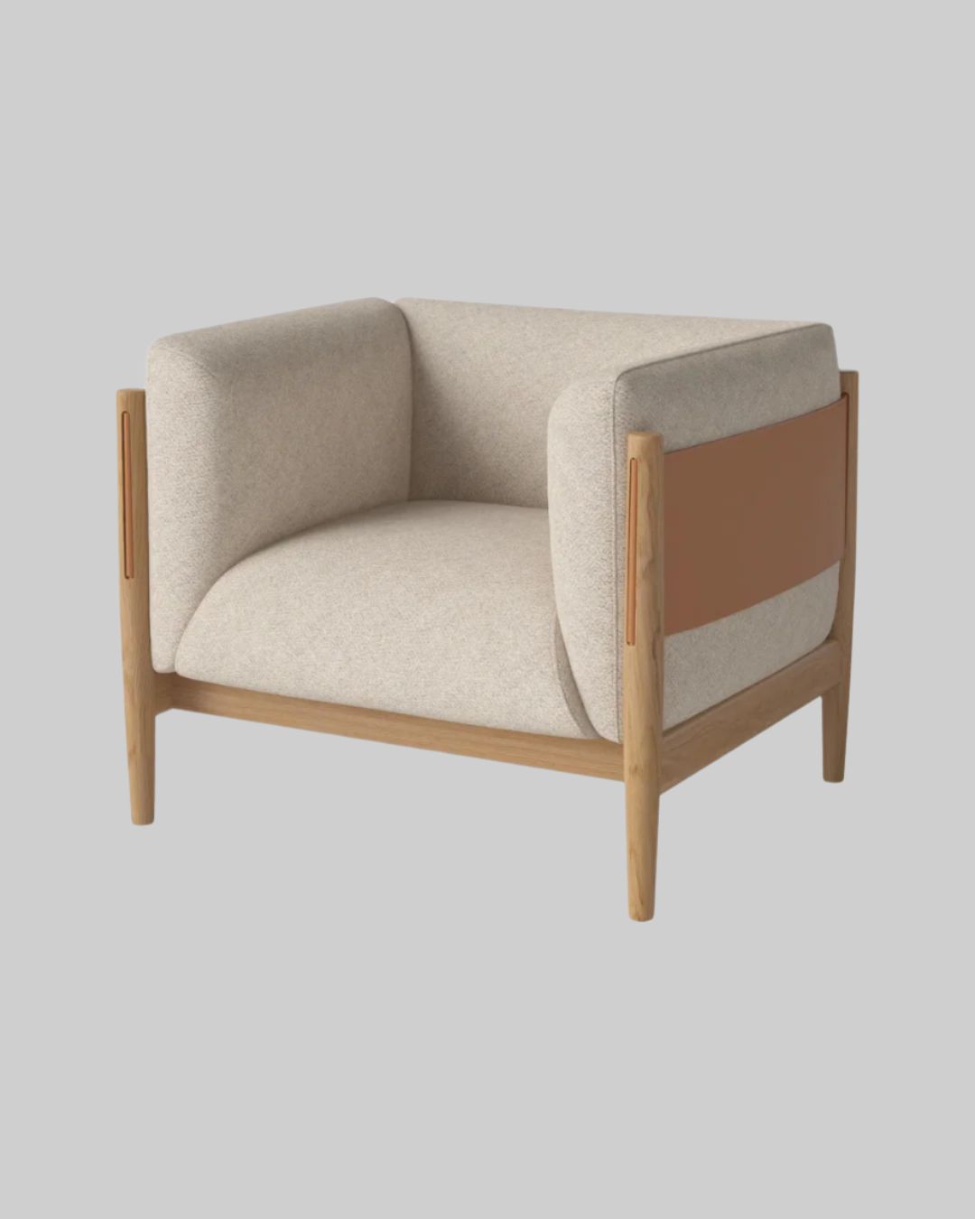 Modern armchair with beige cushion and wooden frame on a white background