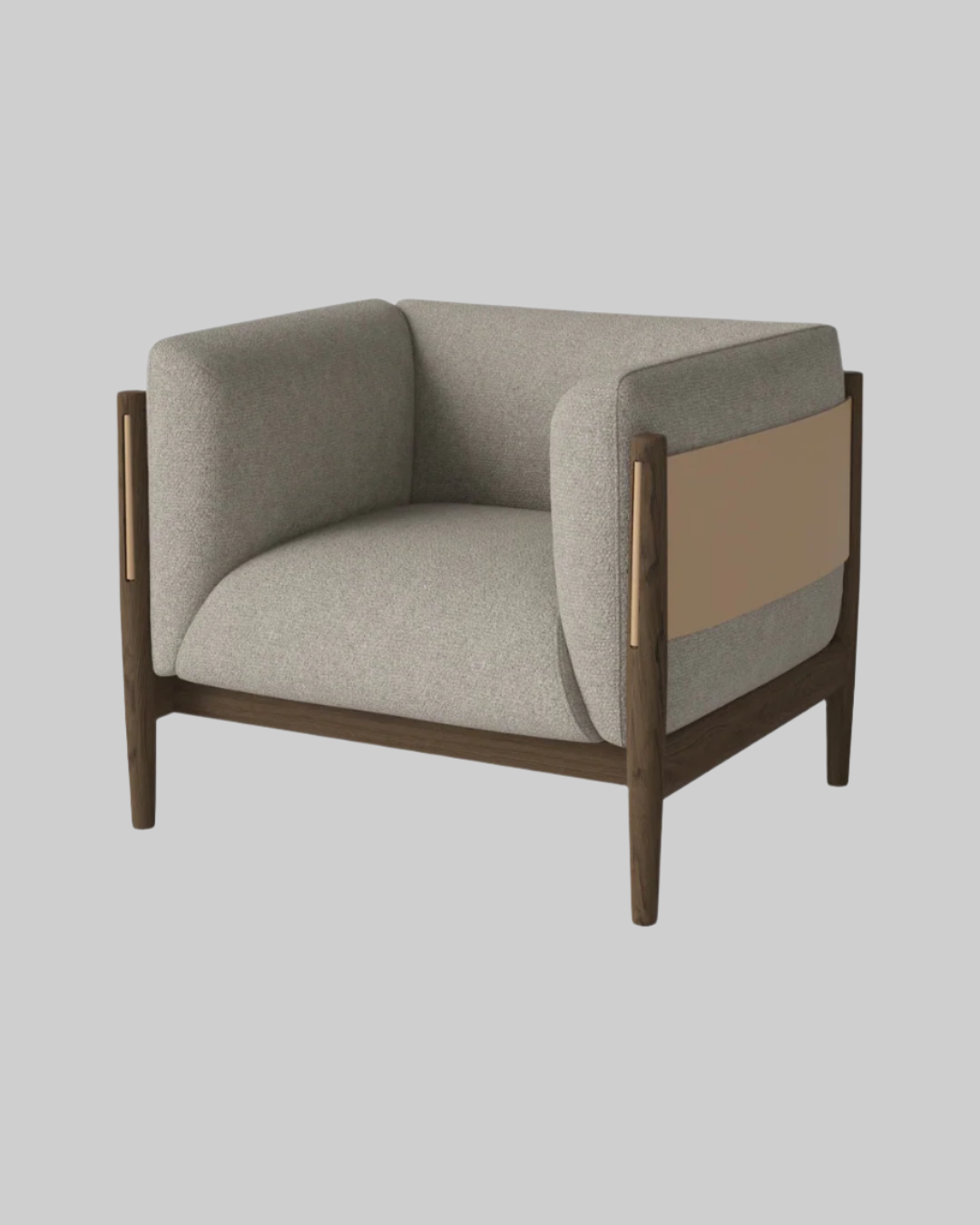 Modern armchair with gray cushioned seat and backrest, wooden frame, and brown accent on a white background.