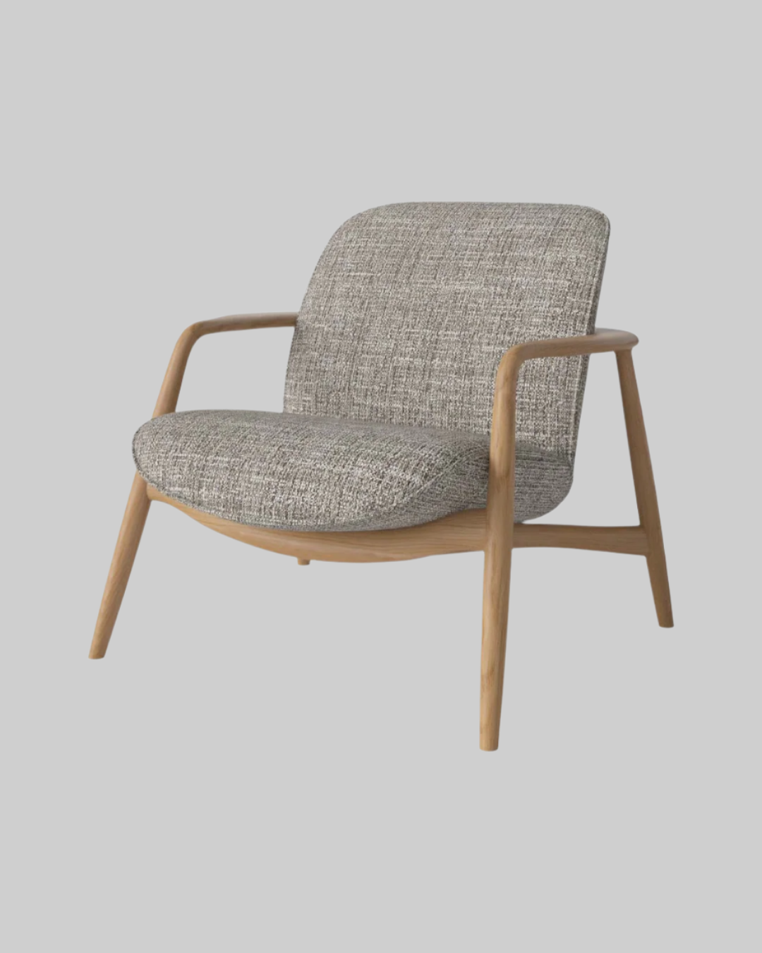Gray upholstered armchair with wooden frame on a white background