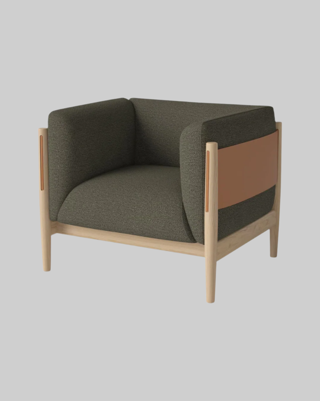 Modern armchair with green cushioned seat and backrest, wooden frame, and brown accent on a white background.