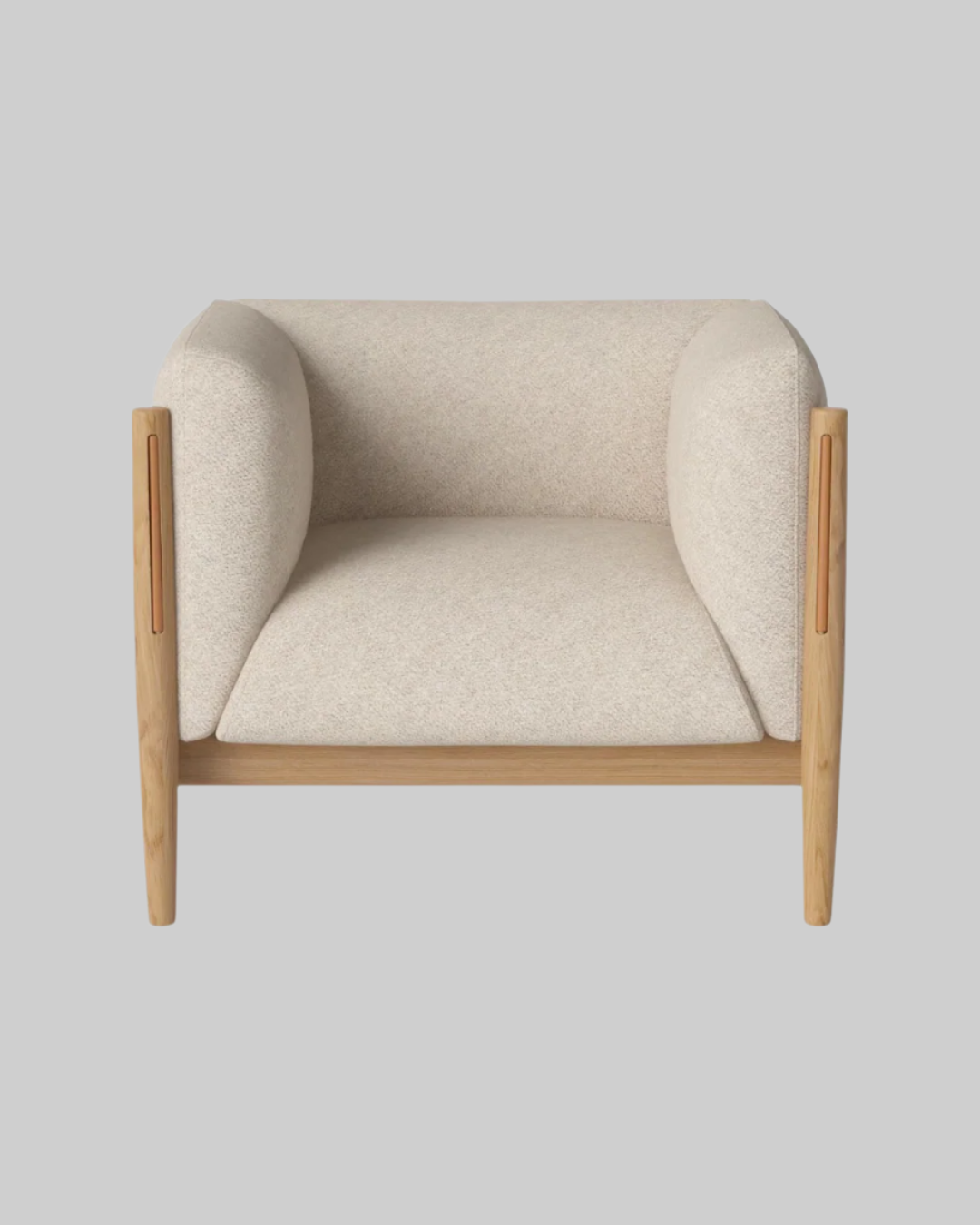 Beige armchair with wooden frame on a white background