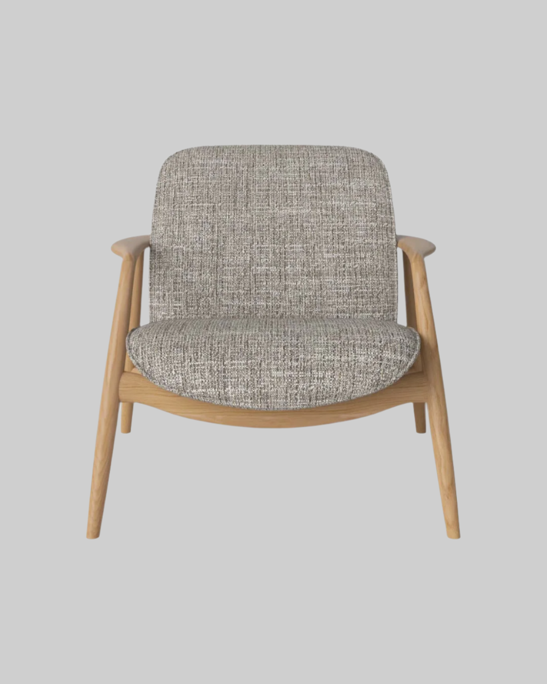 Gray upholstered chair with wooden frame on a white background