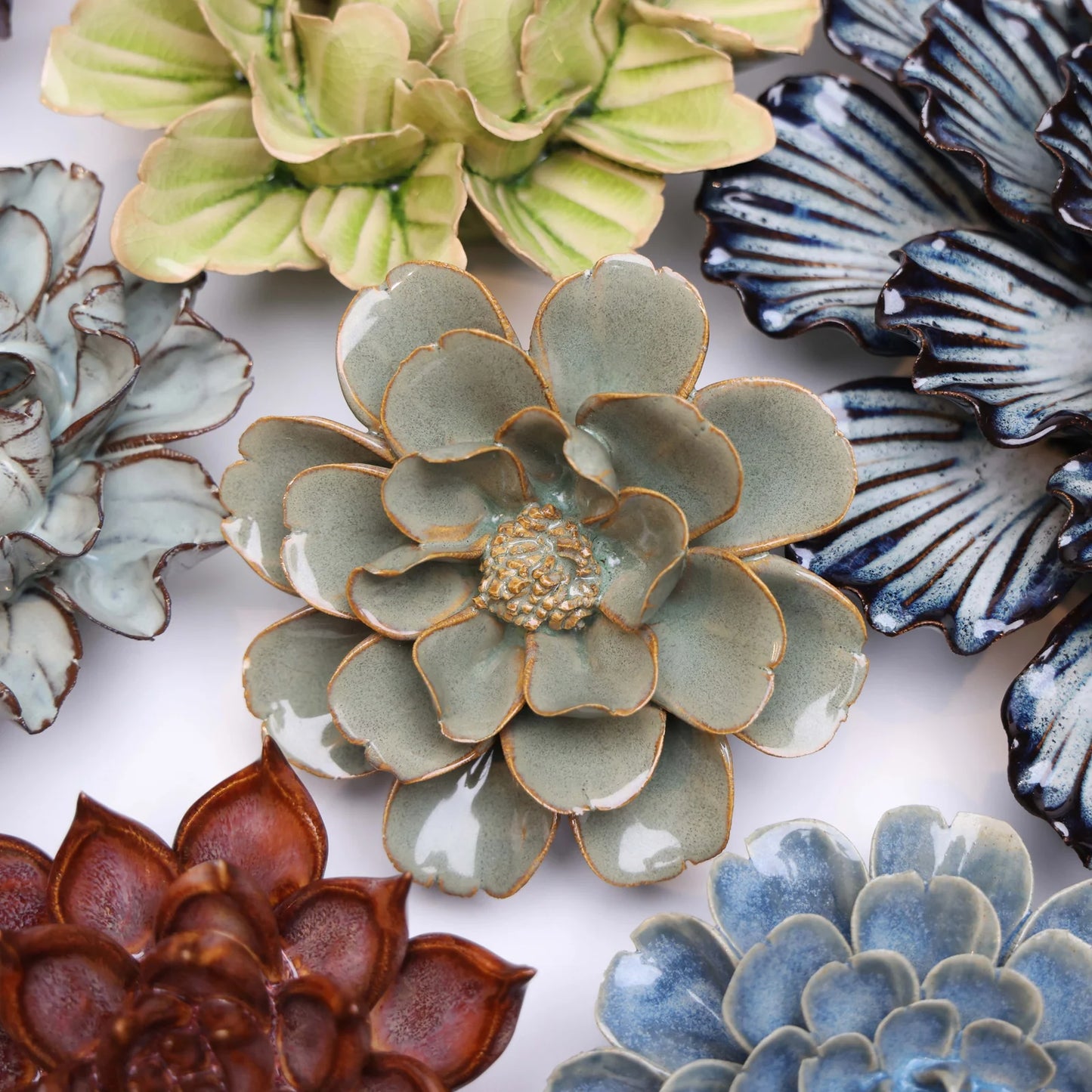 Japan Ceramic Flower Green Grey Hibiscus
