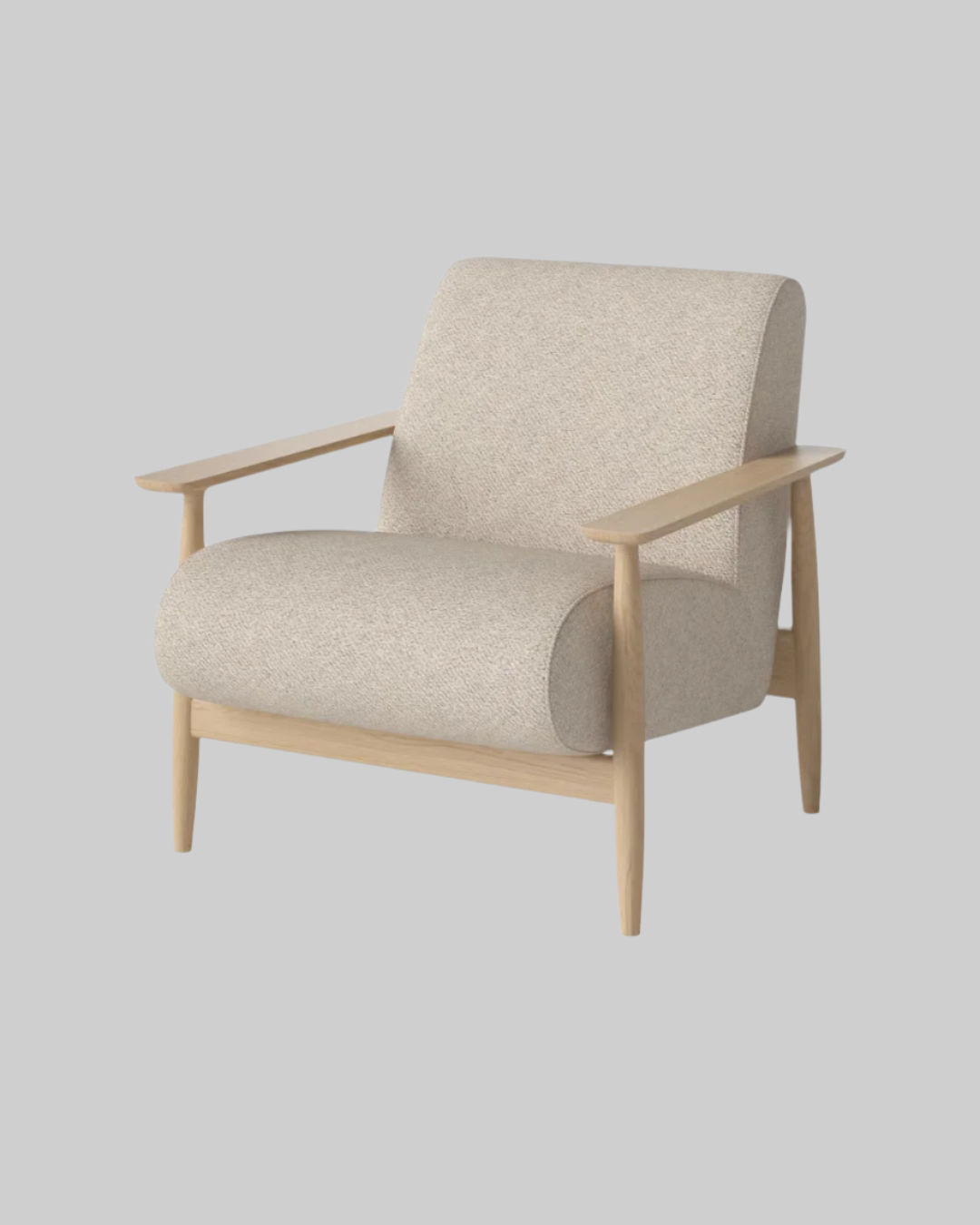 Beige armchair with wooden frame on a white background