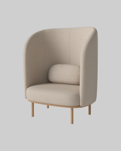 Beige armchair with wooden legs on a white background