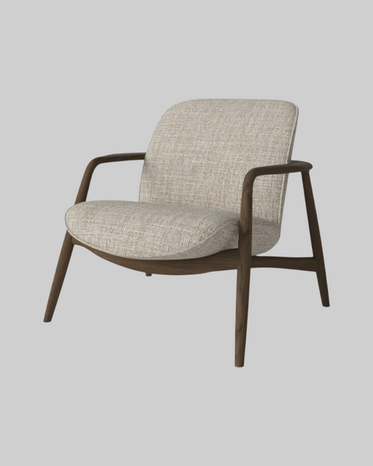 Gray armchair with wooden frame on a white background