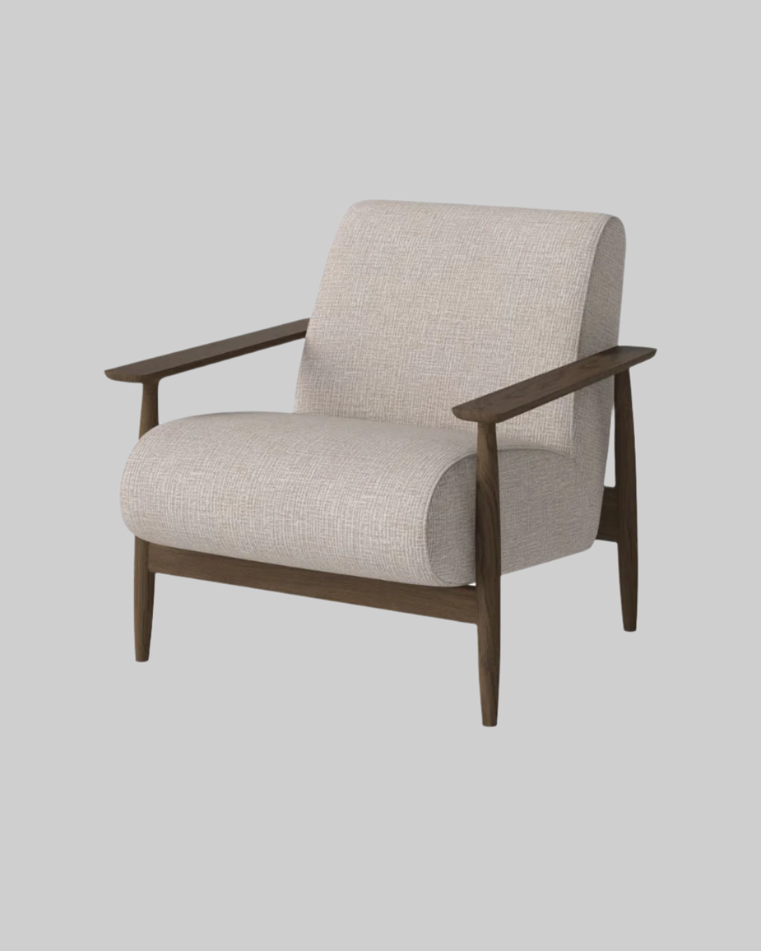 Beige armchair with wooden arms and legs on a white background