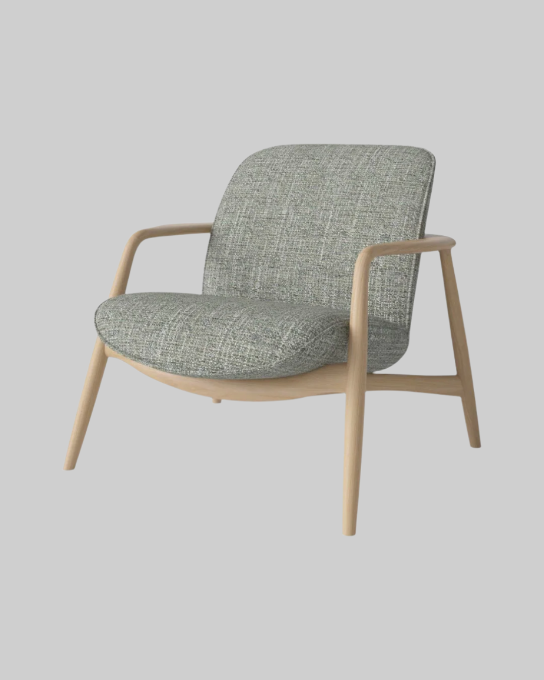 Modern armchair with gray cushioned seat and backrest on a white background