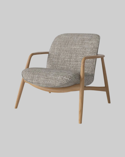 Gray upholstered armchair with wooden frame on a white background