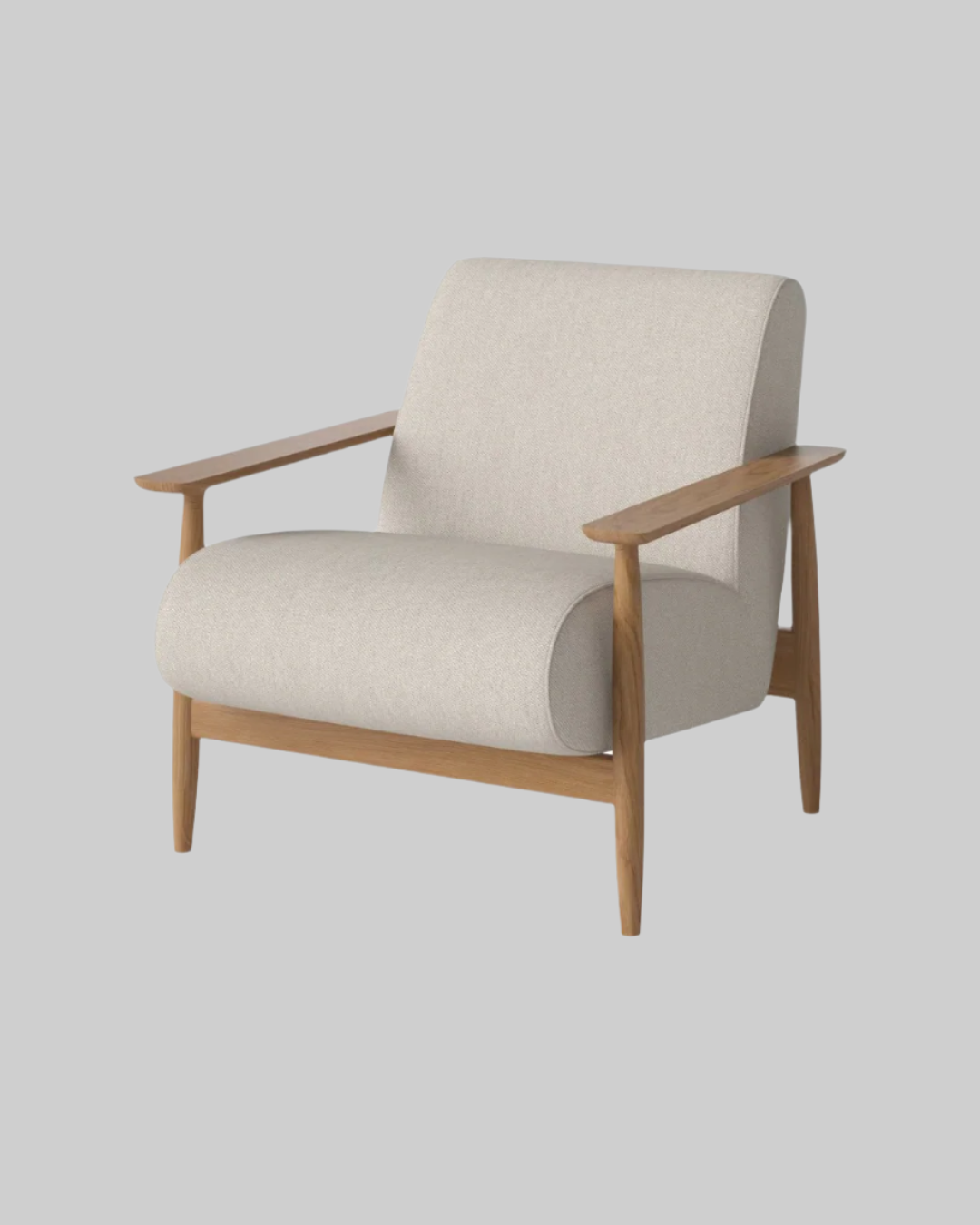 Beige armchair with wooden frame on a white background