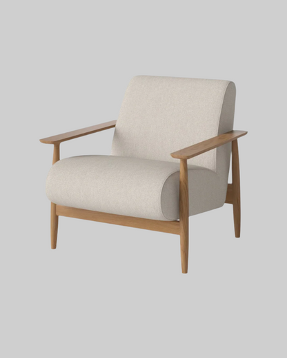 Beige armchair with wooden frame on a white background