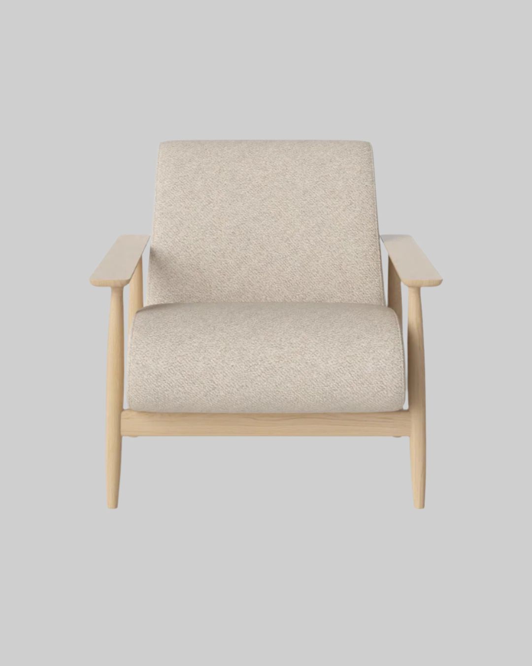 Beige armchair with wooden frame on a white background