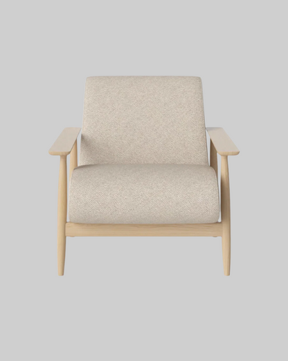 Beige armchair with wooden frame on a white background