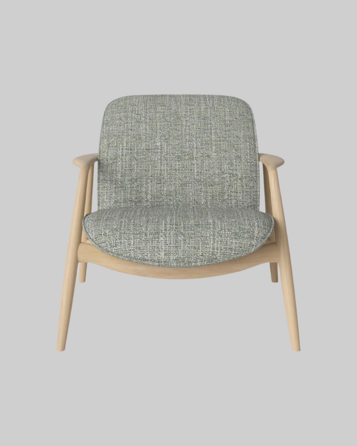 Chair with gray cushioned seat and backrest on a white background