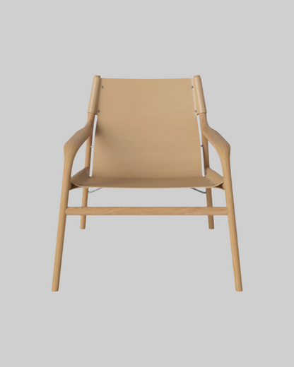 Beige chair with wooden frame on a white background