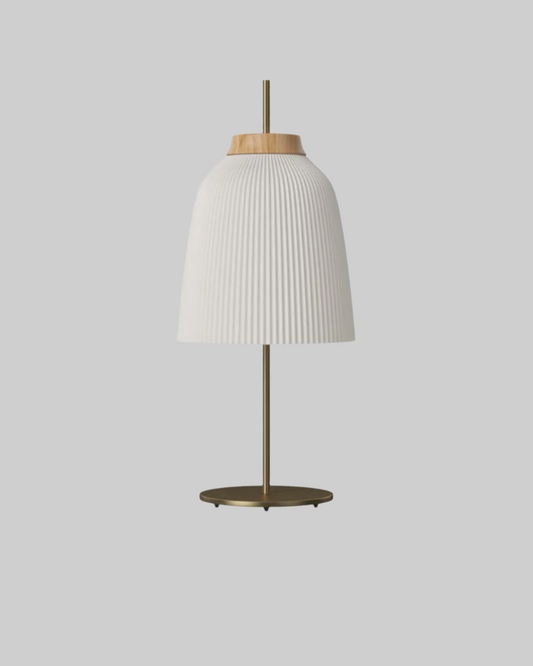 White ribbed lampshade with wooden top and base on a white background