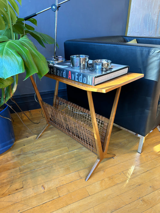 Scandinavian Teak & Cane Side Table w Rack